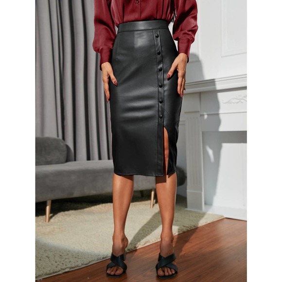 faux Button Split Hem vegan leather pencil Skirt black - Picture 3 of 7